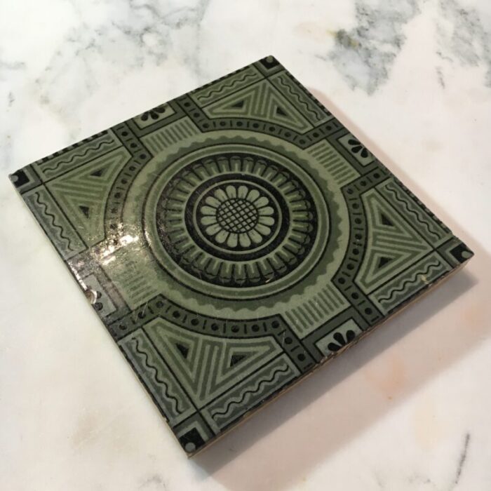 1870s green victorian fireplace tile in christopher dresser style geometric 0754