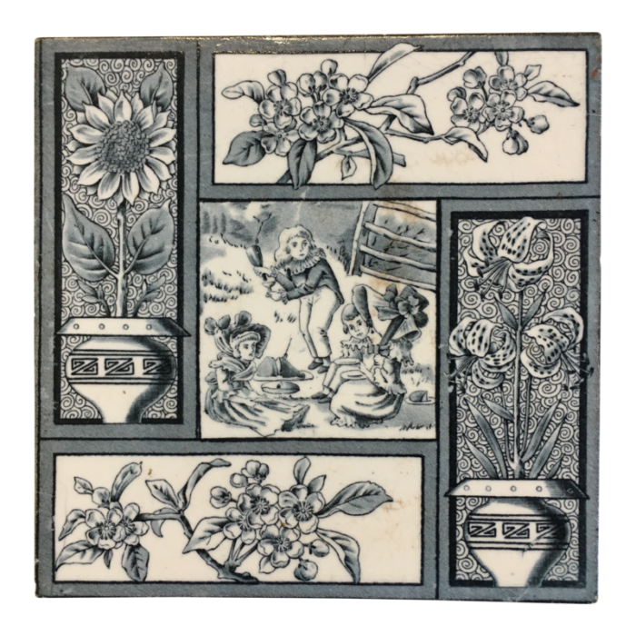 1881 teal aesthetic movement tile picnic and flowers by kate greenaway 2746