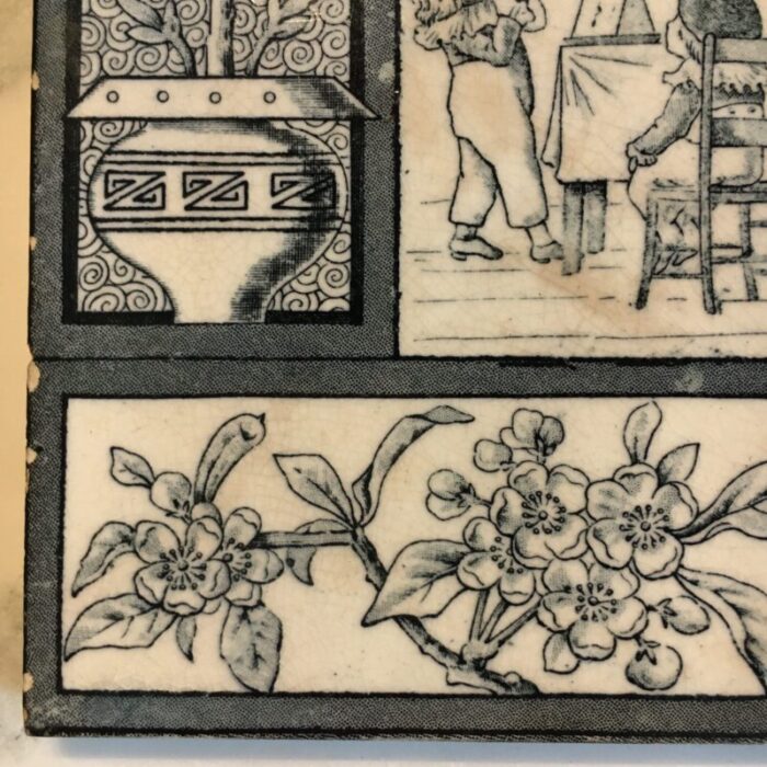 1881 teal aesthetic movement tile tea party and flowers by kate greenaway 3900