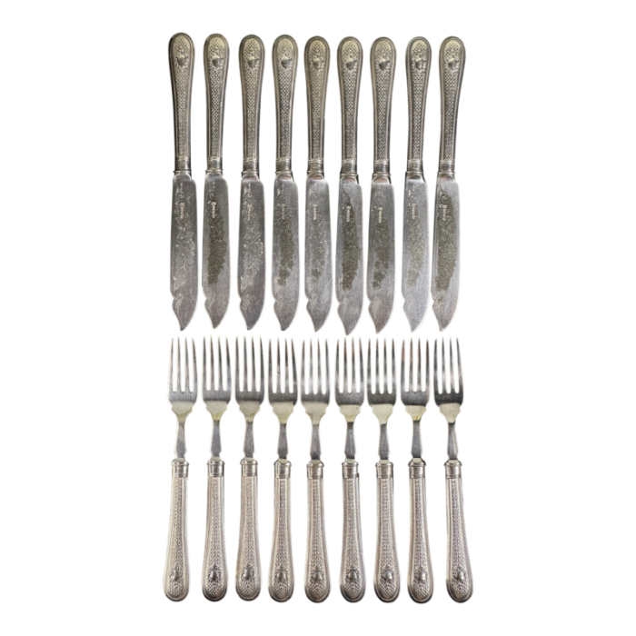 1888 english set of silver plated cutlery lot of 9 forks and 9 knives london 2742