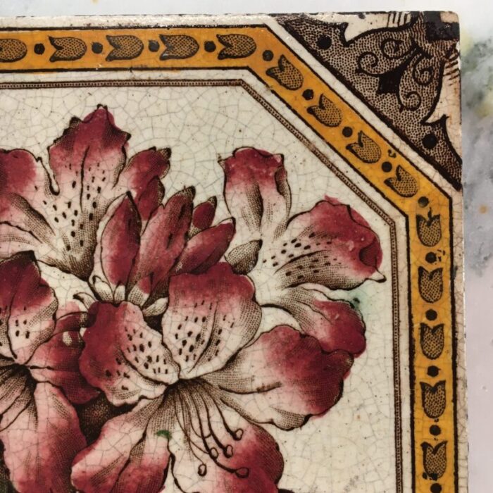 1890s victorian thomas boote aesthetic movement red and white floral pottery tile 2537