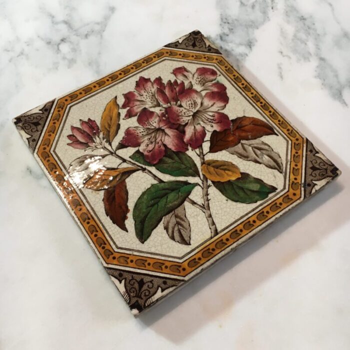 1890s victorian thomas boote aesthetic movement red and white floral pottery tile 6303