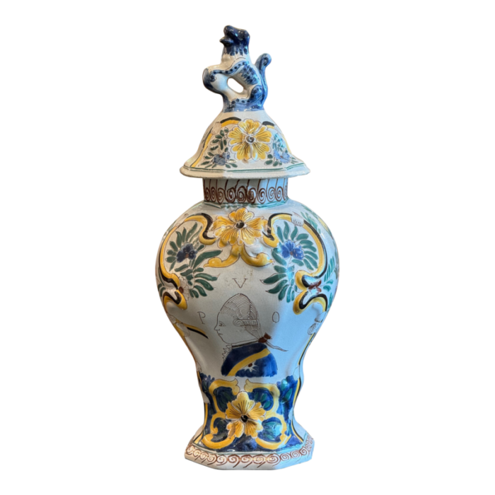 18th century polychrome delft urn with lid 4305