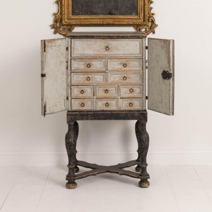 18th century swedish baroque period black painted spice cabinet on stand 1385