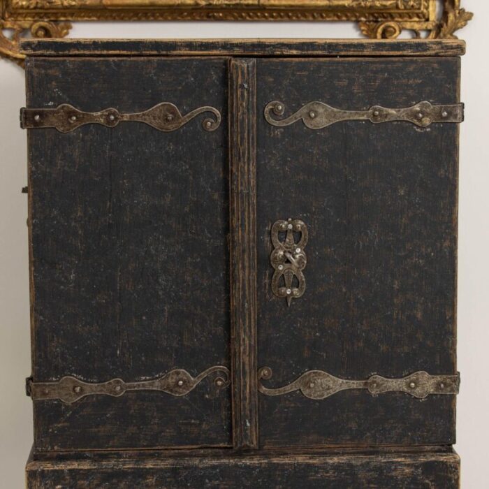 18th century swedish baroque period black painted spice cabinet on stand 3395