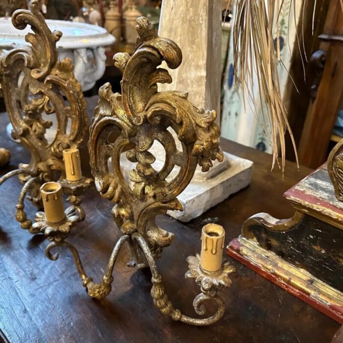 1900s baroque hand carved lacquered wood and iron italian wall sconces a pair 2125