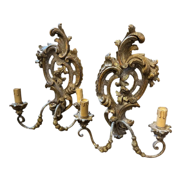 1900s baroque hand carved lacquered wood and iron italian wall sconces a pair 5097