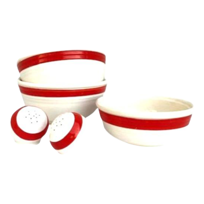 1940s cronin red stripe bake oven bowl and salt and pepper set 5 pieces 7594