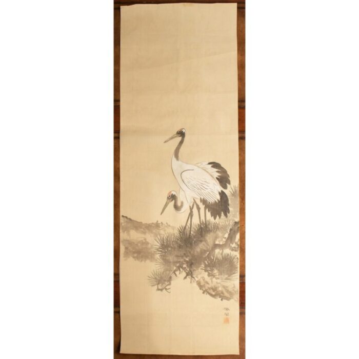 1940s showa era japanese monochrome watercolor painting on silk two red crowned cranes 1689