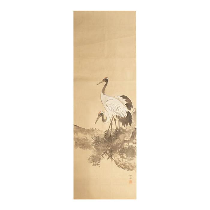 1940s showa era japanese monochrome watercolor painting on silk two red crowned cranes 3253