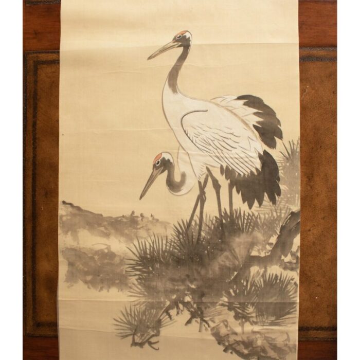 1940s showa era japanese monochrome watercolor painting on silk two red crowned cranes 3351