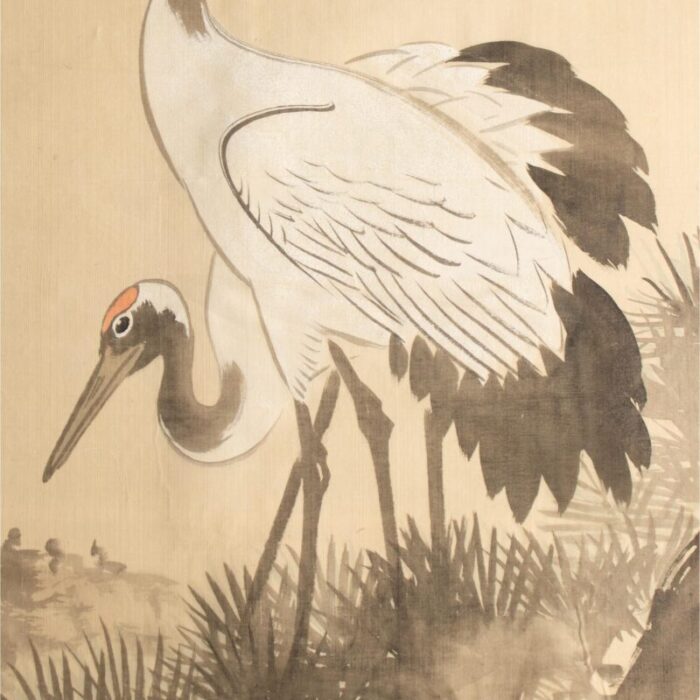 1940s showa era japanese monochrome watercolor painting on silk two red crowned cranes 3641