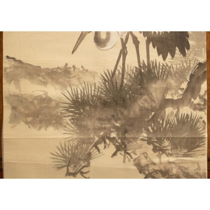 1940s showa era japanese monochrome watercolor painting on silk two red crowned cranes 4611