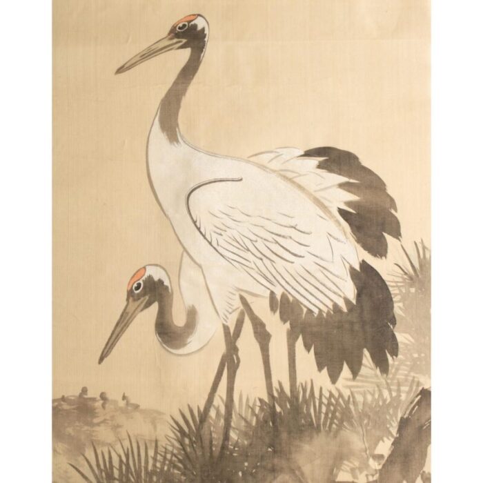 1940s showa era japanese monochrome watercolor painting on silk two red crowned cranes 4698