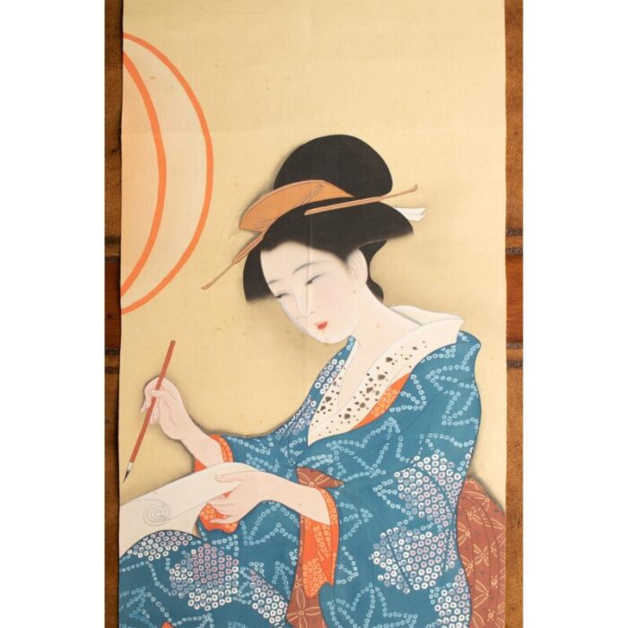 1940s showa era japanese watercolor painting on silk woman in kimono with a brush 0774