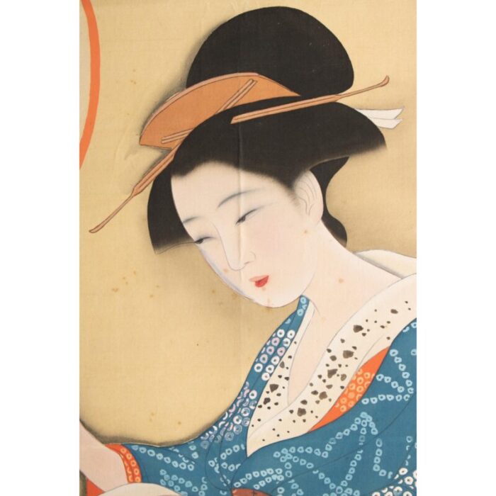 1940s showa era japanese watercolor painting on silk woman in kimono with a brush 2929