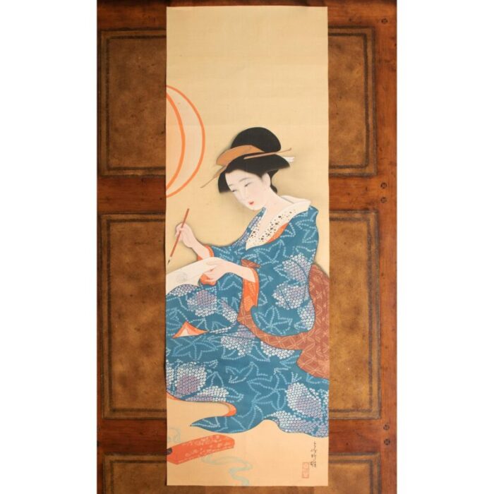 1940s showa era japanese watercolor painting on silk woman in kimono with a brush 3724