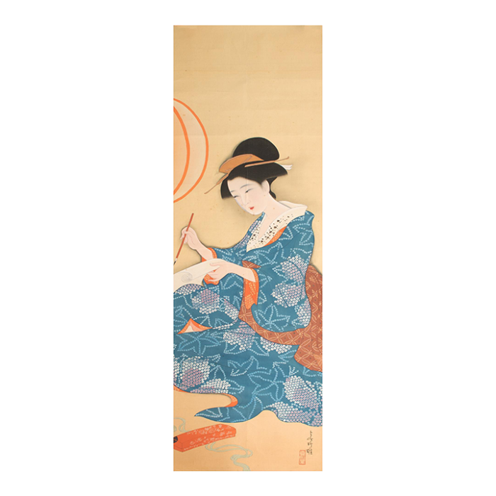 1940s showa era japanese watercolor painting on silk woman in kimono with a brush 5097