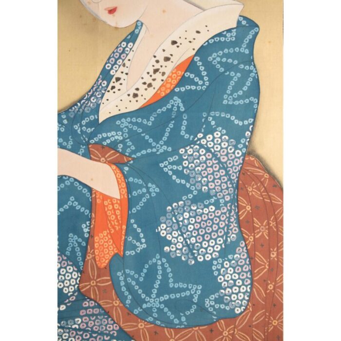 1940s showa era japanese watercolor painting on silk woman in kimono with a brush 5484