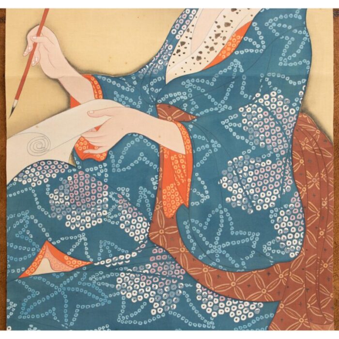 1940s showa era japanese watercolor painting on silk woman in kimono with a brush 8027