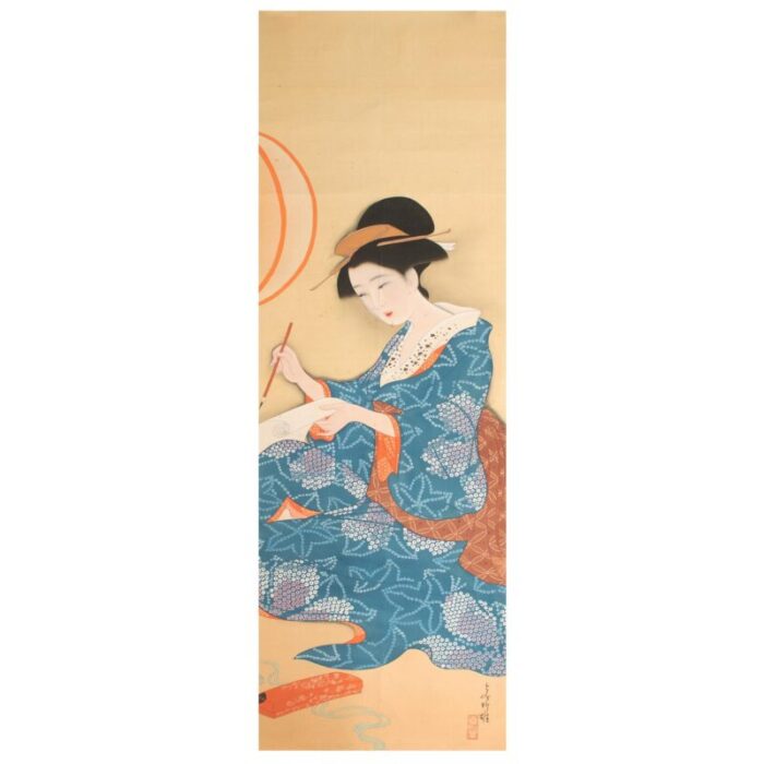 1940s showa era japanese watercolor painting on silk woman in kimono with a brush 9598