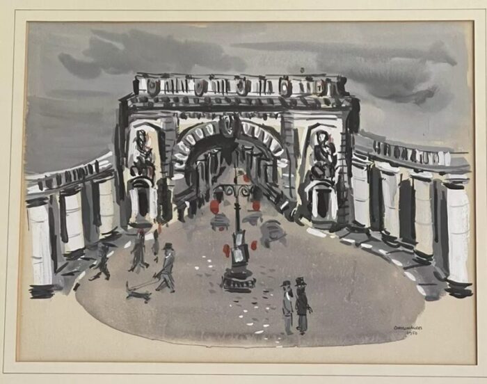 1950 parisian arch painting mid century watercolor gouache signed framed 6418