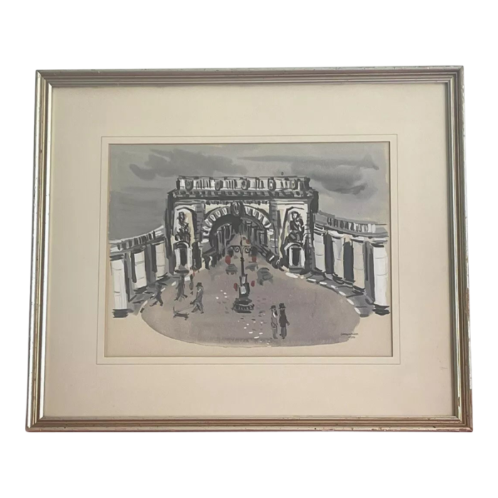 1950 parisian arch painting mid century watercolor gouache signed framed 7366