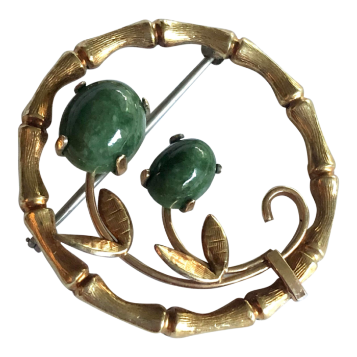 1950s krementz jade and gold bamboo floral design brooch 0545