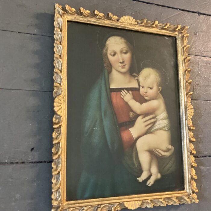 1950s madonna and child print original carved gilt wood frame 1340