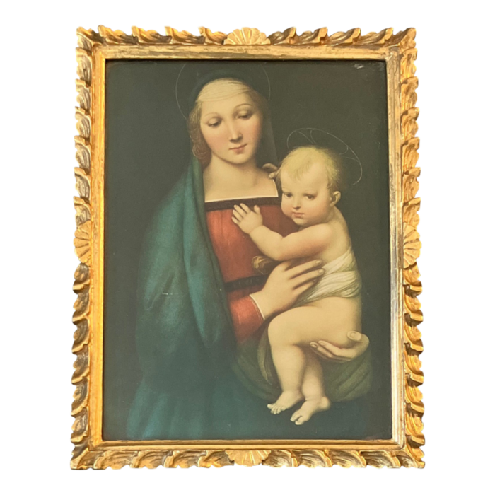 1950s madonna and child print original carved gilt wood frame 3475