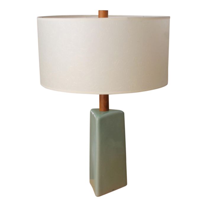 1950s mid century modern martz pottery sea foam green triangle lamp 6631