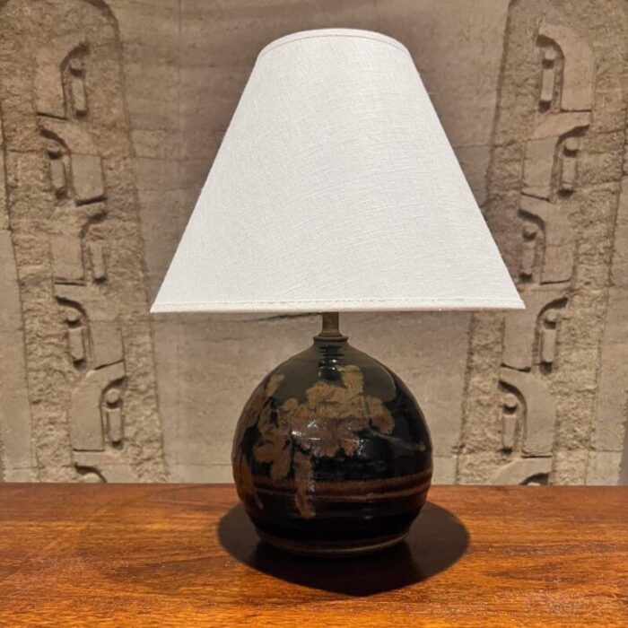 1960s french stoneware small black lamp abstract floral 8915