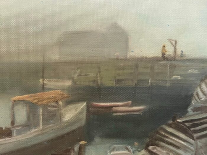 1960s helen s snow wells 1925 2009 mid century oil painting on canvas panel working lobster harbor dated 7623