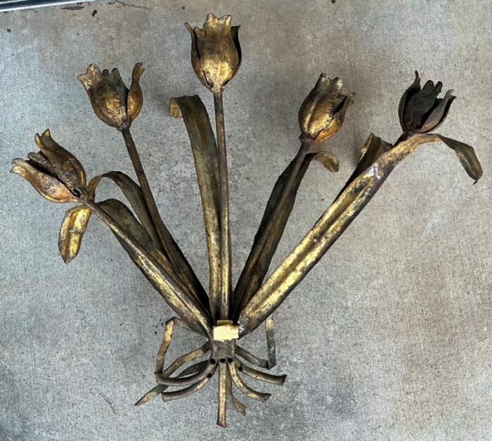 1960s hollywood regency italian gilt metal tulip bouquet wall sconces s2 0172