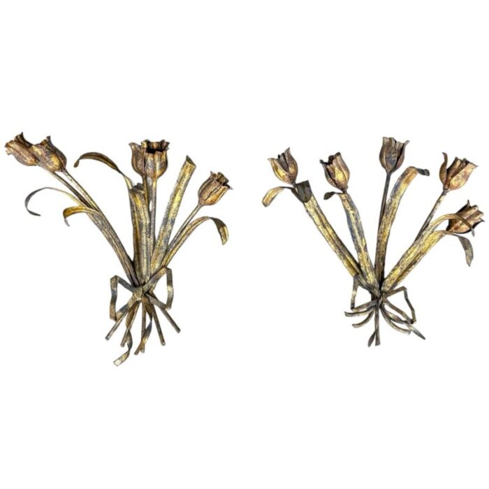 1960s hollywood regency italian gilt metal tulip bouquet wall sconces s2 0311