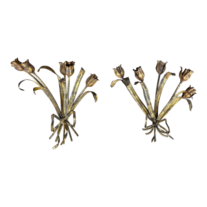 1960s hollywood regency italian gilt metal tulip bouquet wall sconces s2 3986