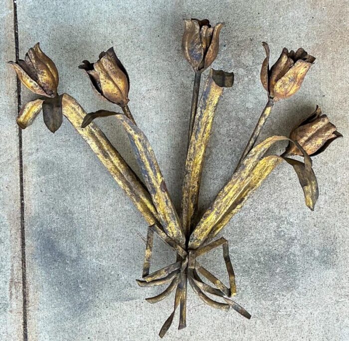 1960s hollywood regency italian gilt metal tulip bouquet wall sconces s2 8922