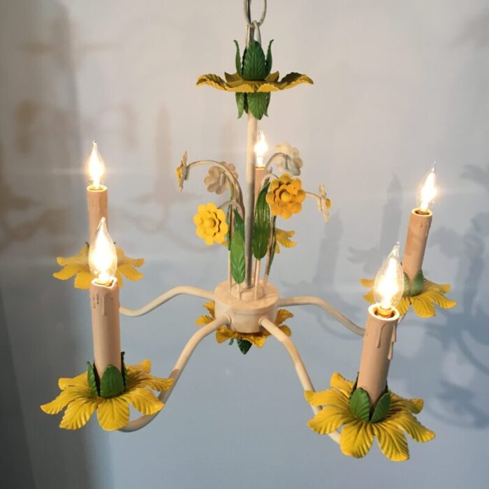 1960s italian tole 5 light chandelier in canary yellow grass green 0153