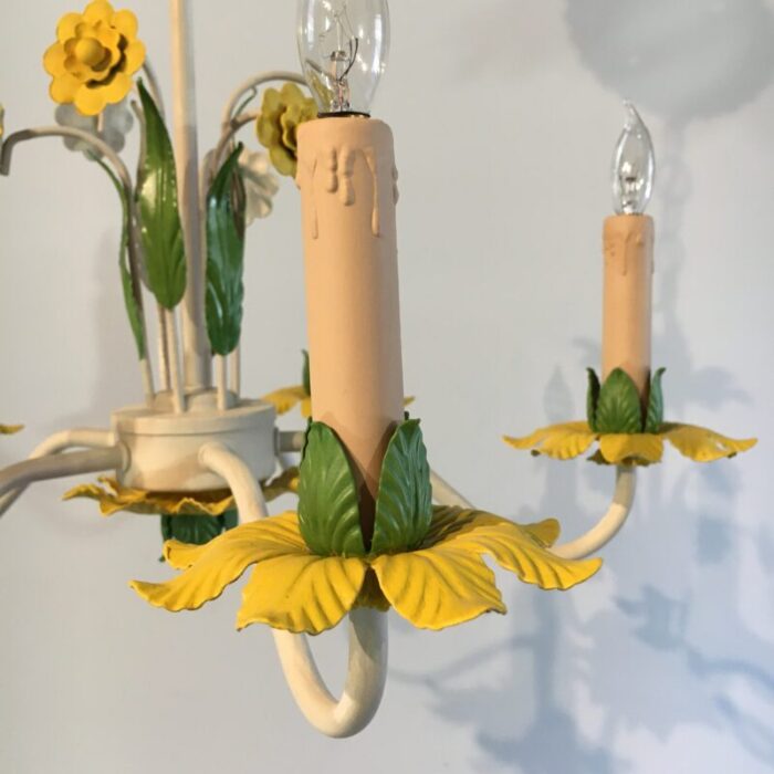 1960s italian tole 5 light chandelier in canary yellow grass green 0689