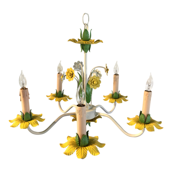 1960s italian tole 5 light chandelier in canary yellow grass green 2489