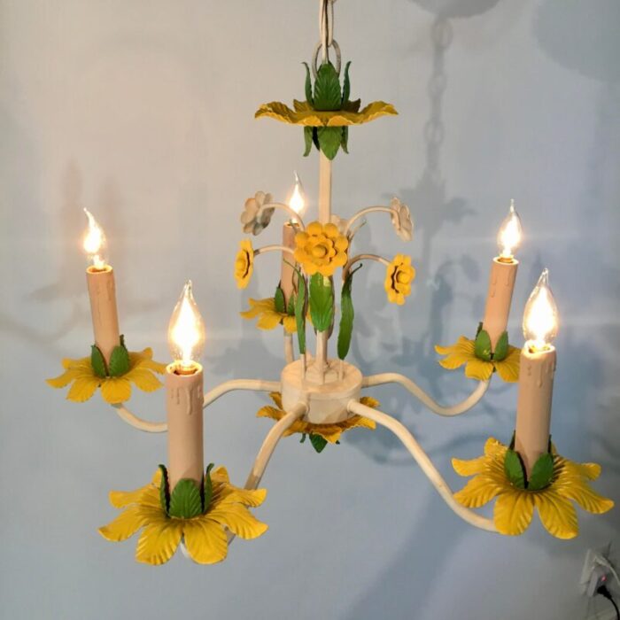 1960s italian tole 5 light chandelier in canary yellow grass green 2491