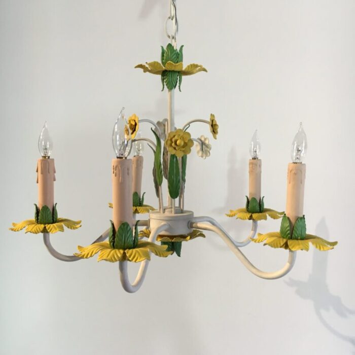 1960s italian tole 5 light chandelier in canary yellow grass green 2921