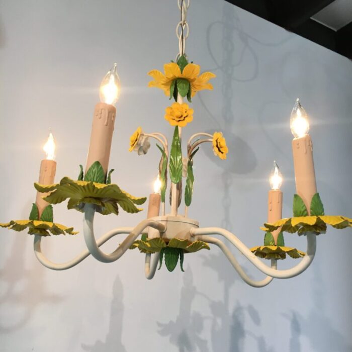 1960s italian tole 5 light chandelier in canary yellow grass green 3053