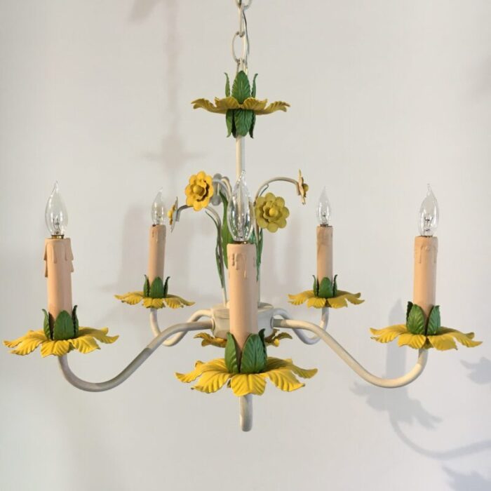 1960s italian tole 5 light chandelier in canary yellow grass green 3185