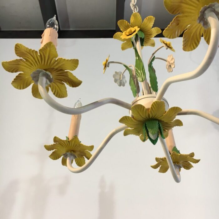 1960s italian tole 5 light chandelier in canary yellow grass green 6371