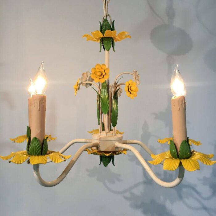 1960s italian tole 5 light chandelier in canary yellow grass green 6879