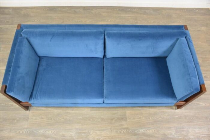 1960s walnut and chrome blue velvet sofa by founders 0656