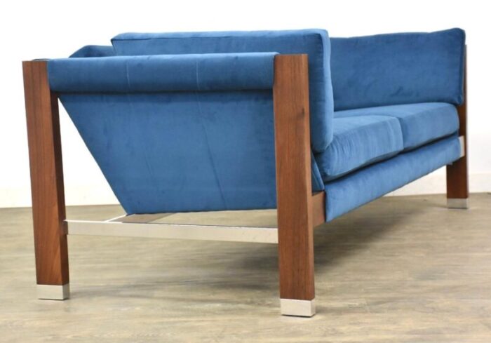 1960s walnut and chrome blue velvet sofa by founders 1317