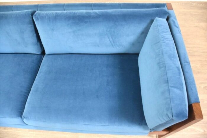 1960s walnut and chrome blue velvet sofa by founders 3386