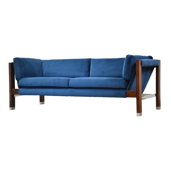 1960s walnut and chrome blue velvet sofa by founders 3943